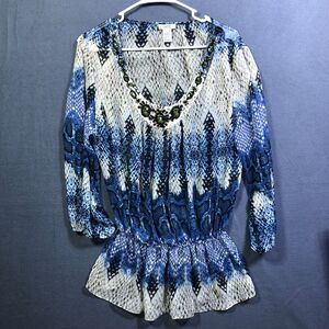 Vintage Y2K Cache Blue Snake Skin And Spotted Print Mob Wife Blouse. Size Large